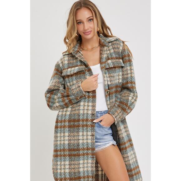 Sweet Lovely By Jen PLAID COAT SHACKET Teal Brown - Picture 7 of 7